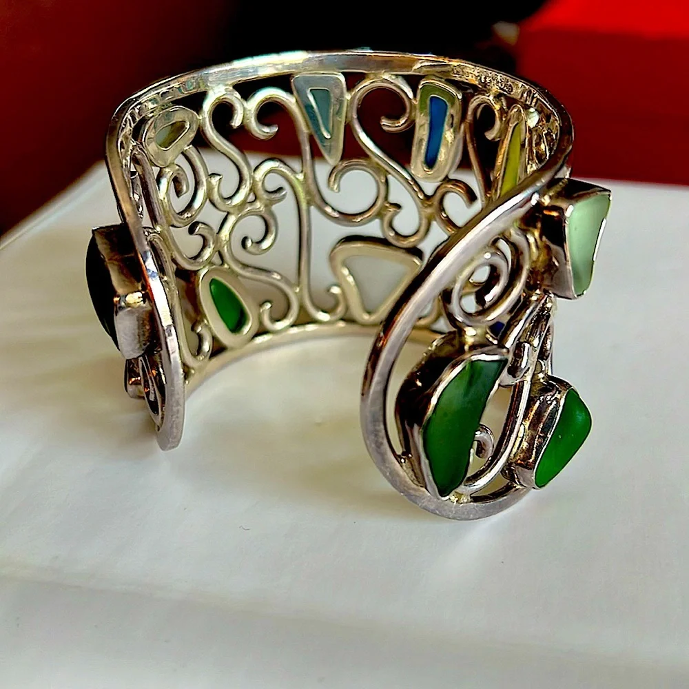 AuthenticCharles AlbertSterlingSilverCuffmulticolorSeaGlassContemporaryStunnig🔥